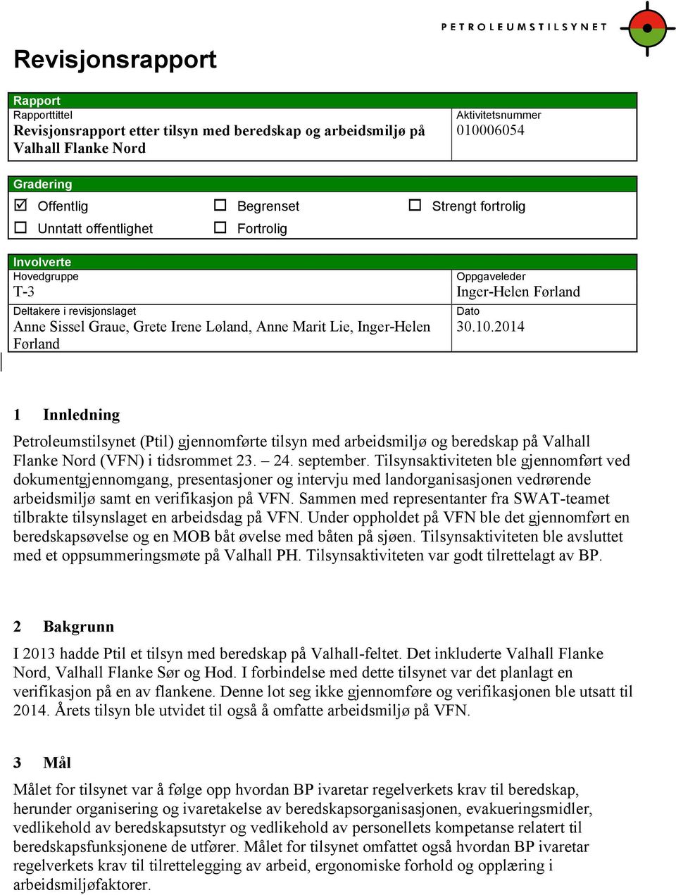 10.2014 1 Innledning Petroleumstilsynet (Ptil) gjennomførte tilsyn med arbeidsmiljø og beredskap på Valhall Flanke Nord (VFN) i tidsrommet 23. 24. september.