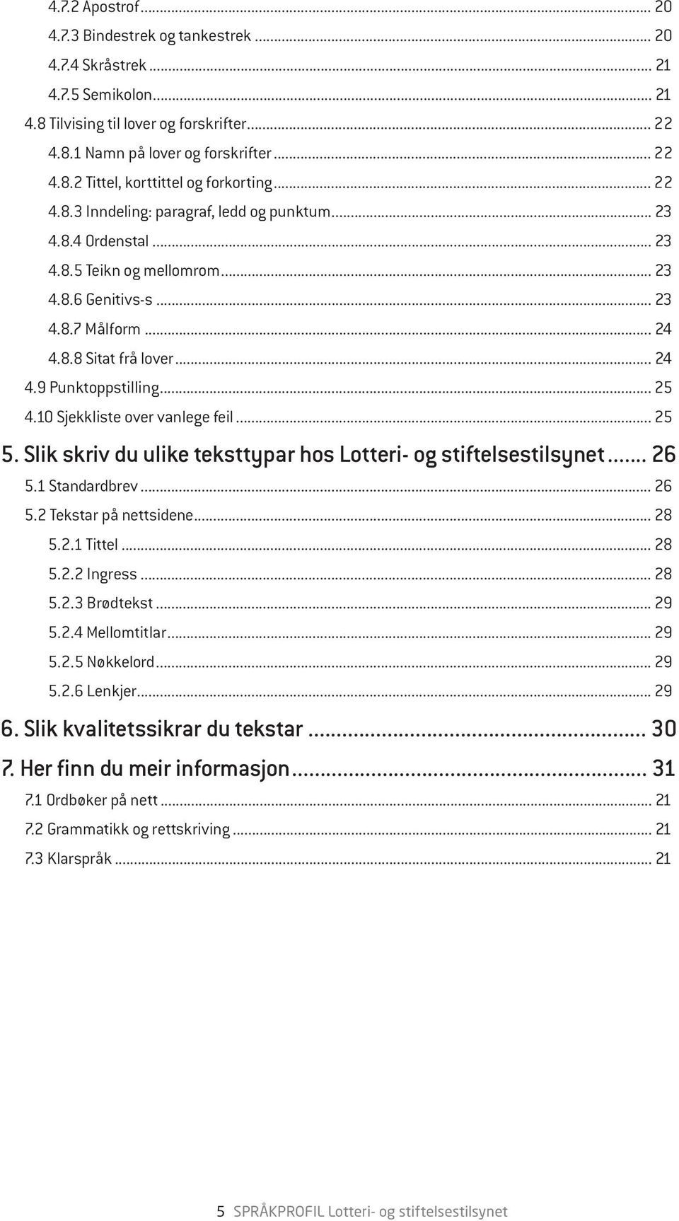 .. 25 4.10 Sjekkliste over vanlege feil... 25 5. Slik skriv du ulike teksttypar hos Lotteri- og stiftelsestilsynet... 26 5.1 Standardbrev... 26 5.2 Tekstar på nettsidene... 28 5.2.1 Tittel... 28 5.2.2 Ingress.