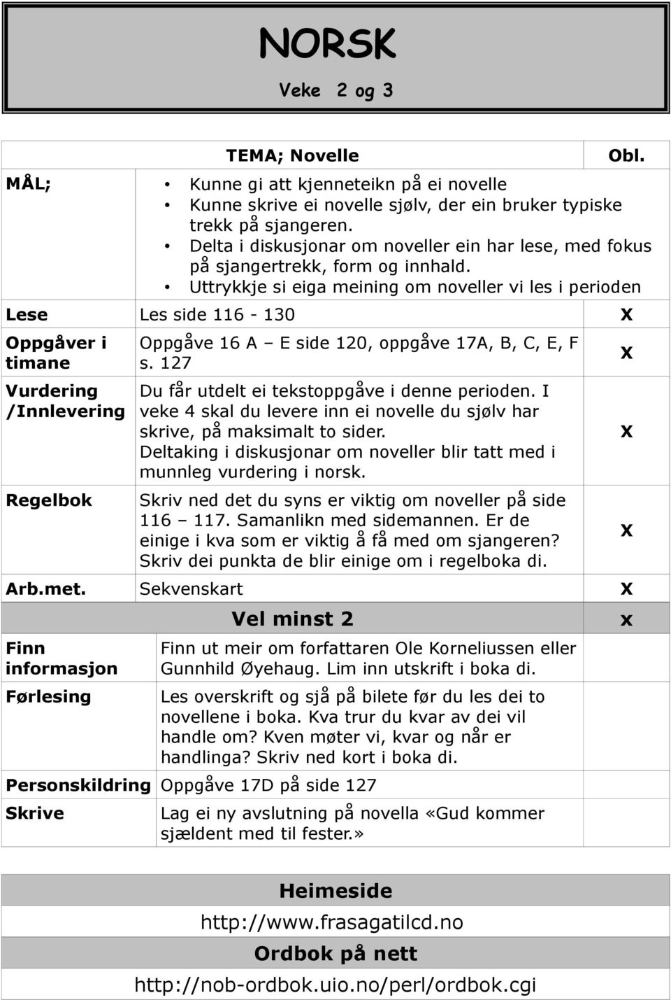 Uttrykkje si eiga meining om noveller vi les i perioden Lese Les side 116-130 X Oppgåver i timane /Innlevering Regelbok Oppgåve 16 A E side 120, oppgåve 17A, B, C, E, F s.