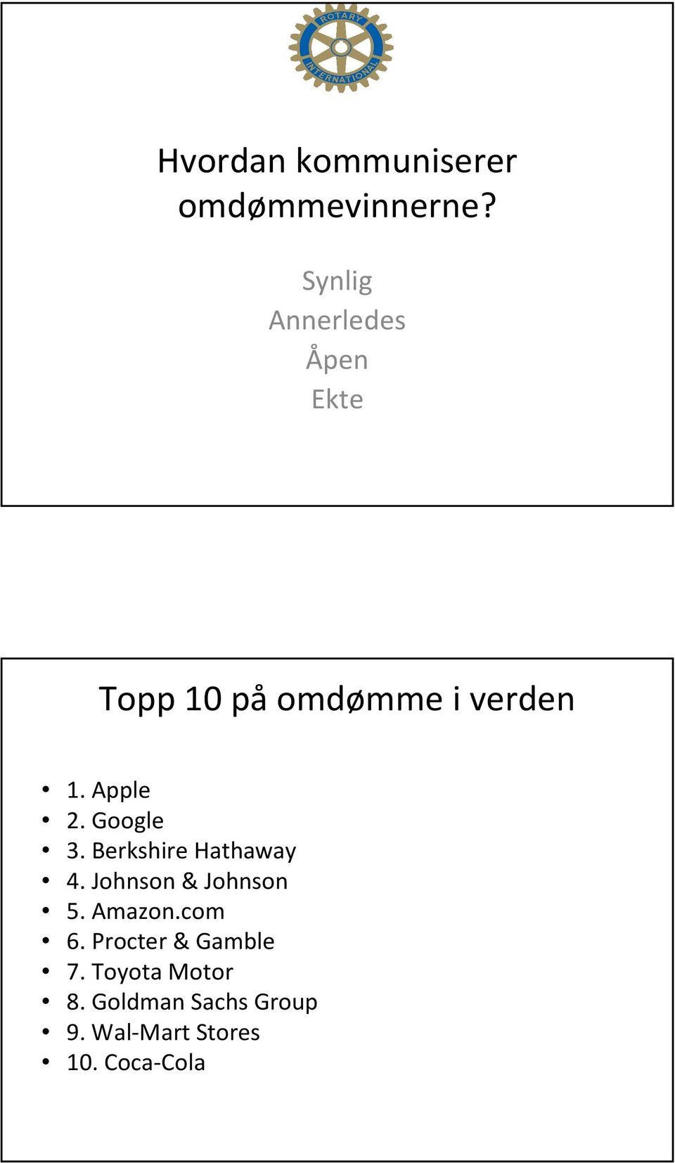 Apple 2. Google 3. Berkshire Hathaway 4. Johnson & Johnson 5.