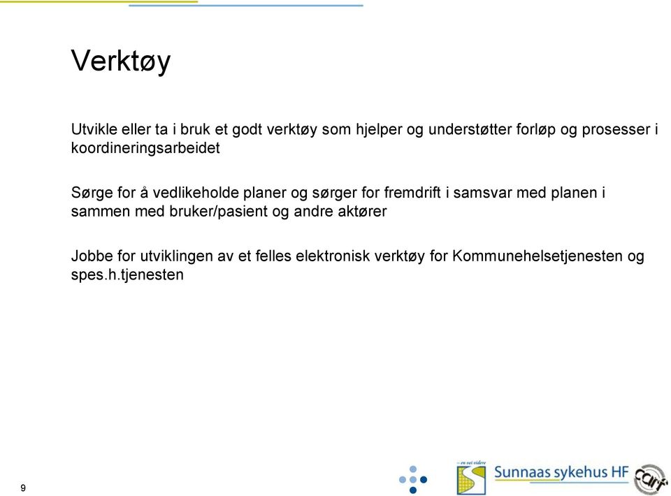 fremdrift i samsvar med planen i sammen med bruker/pasient og andre aktører Jobbe for