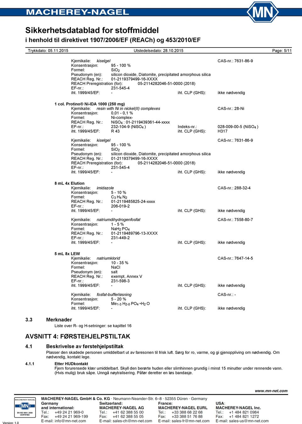 : 28Ni Konsentrasjon: 0,01 0,1 % Formel: Nicomplex REACH Reg. Nr.: NiSO 4 : 01211943936144xxxx EFnr.: 2321049 (NiSO 4 ) Indeksnr.: 028009005 (NiSO 4 ) iht. 1999/45/EF: R 43 iht.