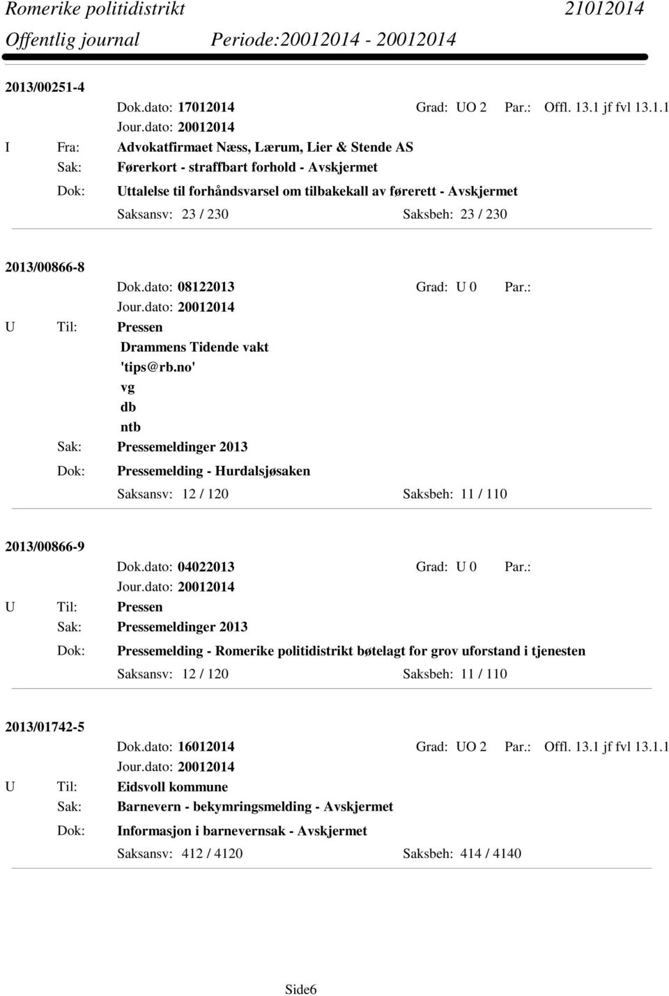 no' vg db ntb Sak: Pressemeldinger 2013 Pressemelding - Hurdalsjøsaken Saksansv: 12 / 120 Saksbeh: 11 / 110 2013/00866-9 Dok.dato: 04022013 Grad: U 0 Par.