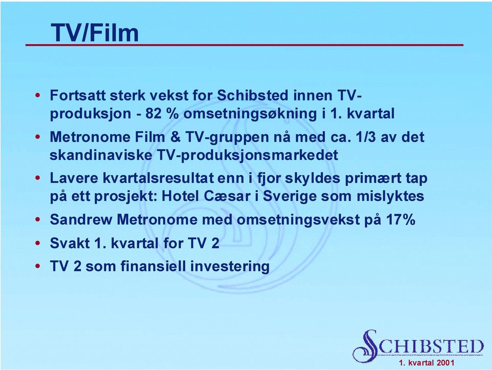 1/3 av det skandinaviske TV-produksjonsmarkedet Lavere kvartalsresultat enn i fjor skyldes primært