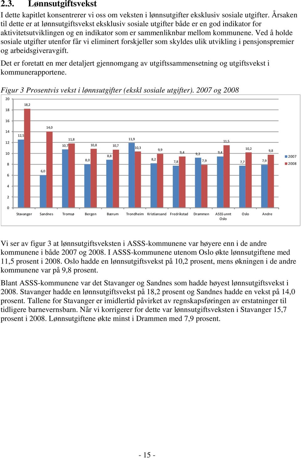 Ved å holde sosiale utgifter utenfor får vi eliminert forskjeller som skyldes ulik utvikling i pensjonspremier og arbeidsgiveravgift.