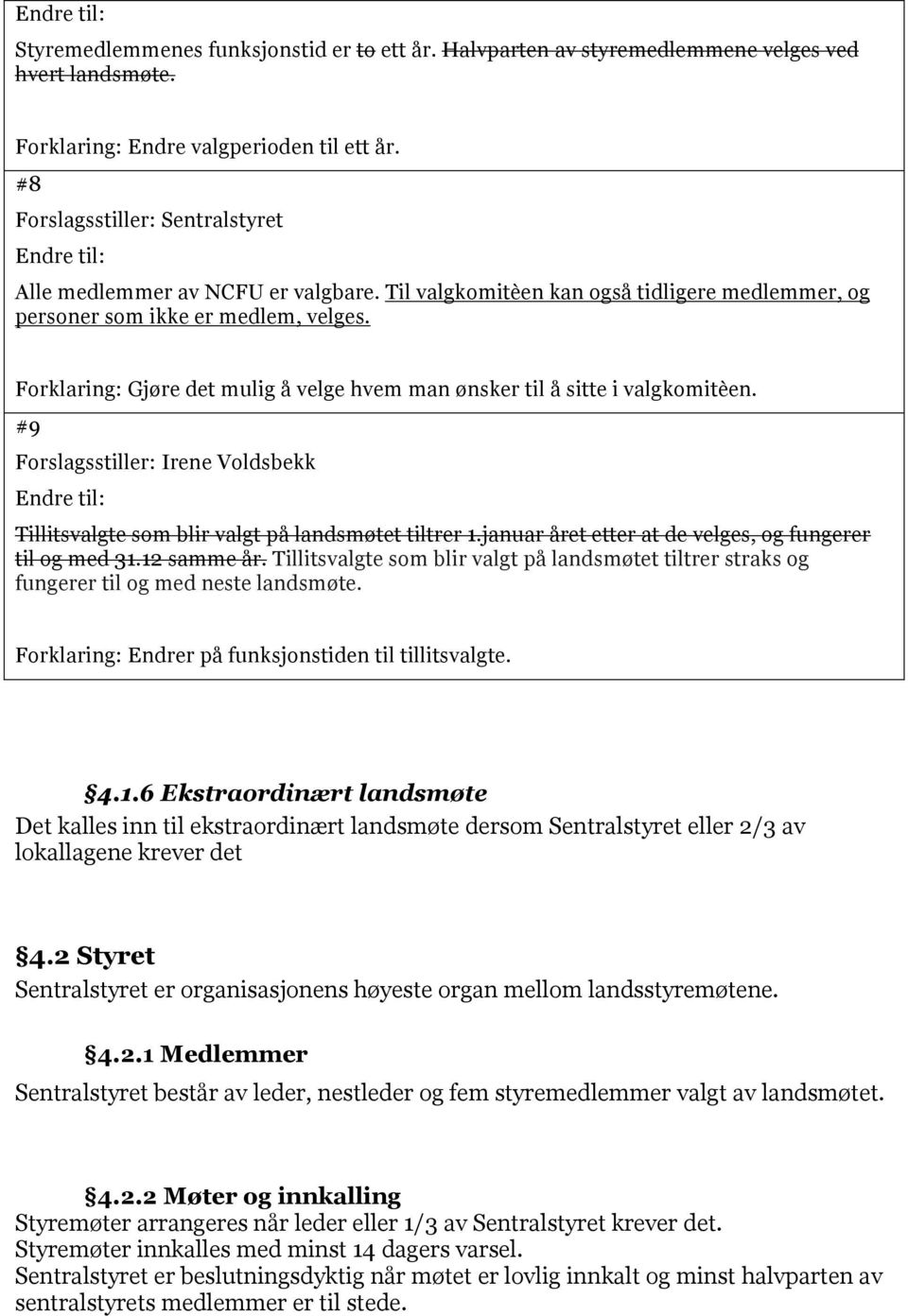 #9 Forslagsstiller: Irene Voldsbekk Tillitsvalgte som blir valgt på landsmøtet tiltrer 1.januar året etter at de velges, og fungerer til og med 31.12 samme år.