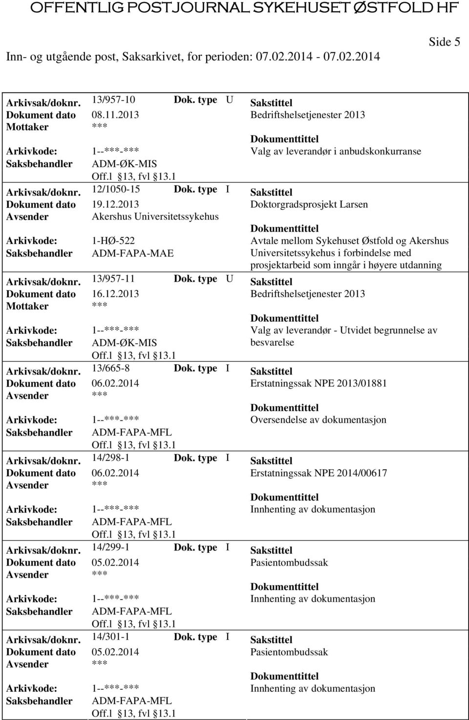 2013 Doktorgradsprosjekt Larsen Avsender Akershus Universitetssykehus Arkivkode: 1-HØ-522 Avtale mellom Sykehuset Østfold og Akershus Saksbehandler ADM-FAPA-MAE Universitetssykehus i forbindelse med