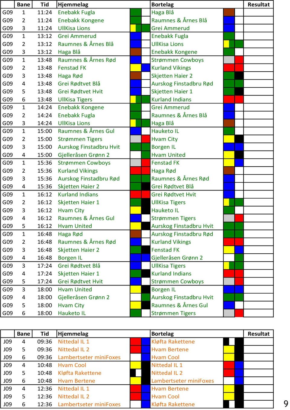 Skjetten Haier 2 G09 4 13:48 Grei Rødtvet Blå Aurskog Finstadbru Rød G09 5 13:48 Grei Rødtvet Hvit Skjetten Haier 1 G09 6 13:48 UllKisa Tigers Kurland Indians G09 1 14:24 Enebakk Kongene Grei Ammerud