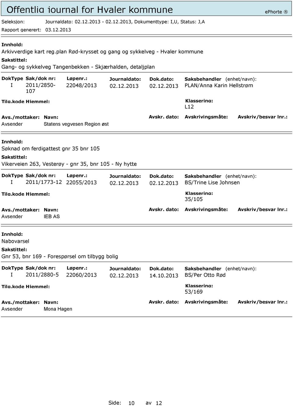 : 22048/2013 PLAN/Anna Karin Hellstrøm L12 Avsender Statens vegvesen Region øst Søknad om ferdigattest gnr 35 bnr 105 Vikerveien 263, Vesterøy -