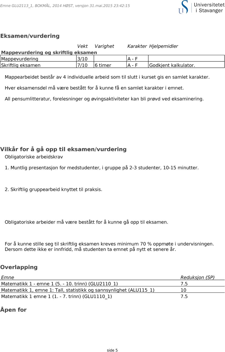 Mappearbeidet består av 4 individuelle arbeid som til slutt i kurset gis en samlet karakter. Hver eksamensdel må være bestått for å kunne få en samlet karakter i emnet.