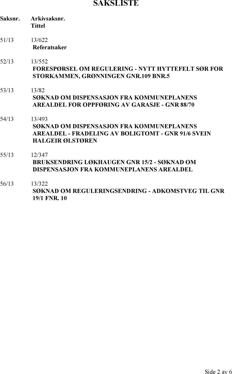 5 53/13 13/82 SØKNAD OM DISPENSASJON FRA KOMMUNEPLANENS AREALDEL FOR OPPFØRING AV GARASJE - GNR 88/70 54/13 13/493 SØKNAD OM DISPENSASJON FRA