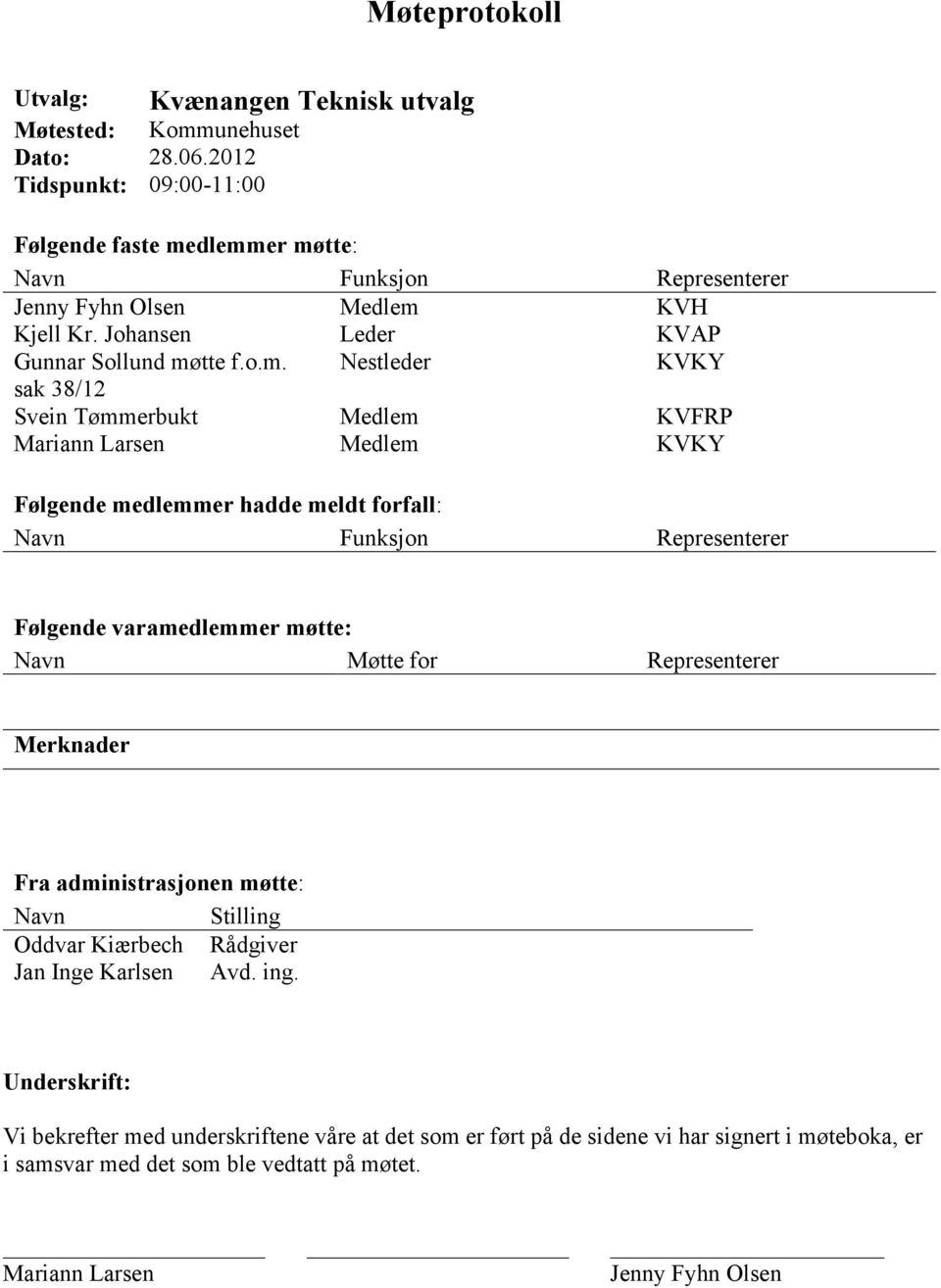 dlemmer møtte: Navn Funksjon Representerer Jenny Fyhn Olsen Medlem KVH Kjell Kr. Johansen Leder KVAP Gunnar Sollund møtte f.o.m. Nestleder KVKY sak 38/12 Svein Tømmerbukt Medlem KVFRP