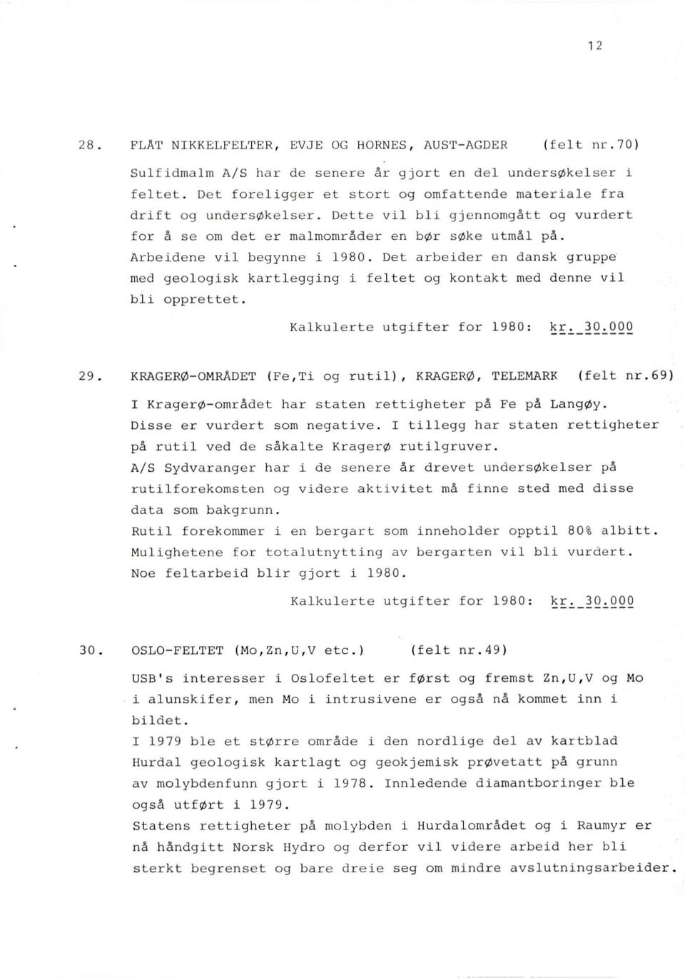 Det arbeider en dansk gruppe med geologisk kartlegging i feltet og kontakt med denne vil bli opprettet. Kalkulerte utglfter for 1980: kr. 30.