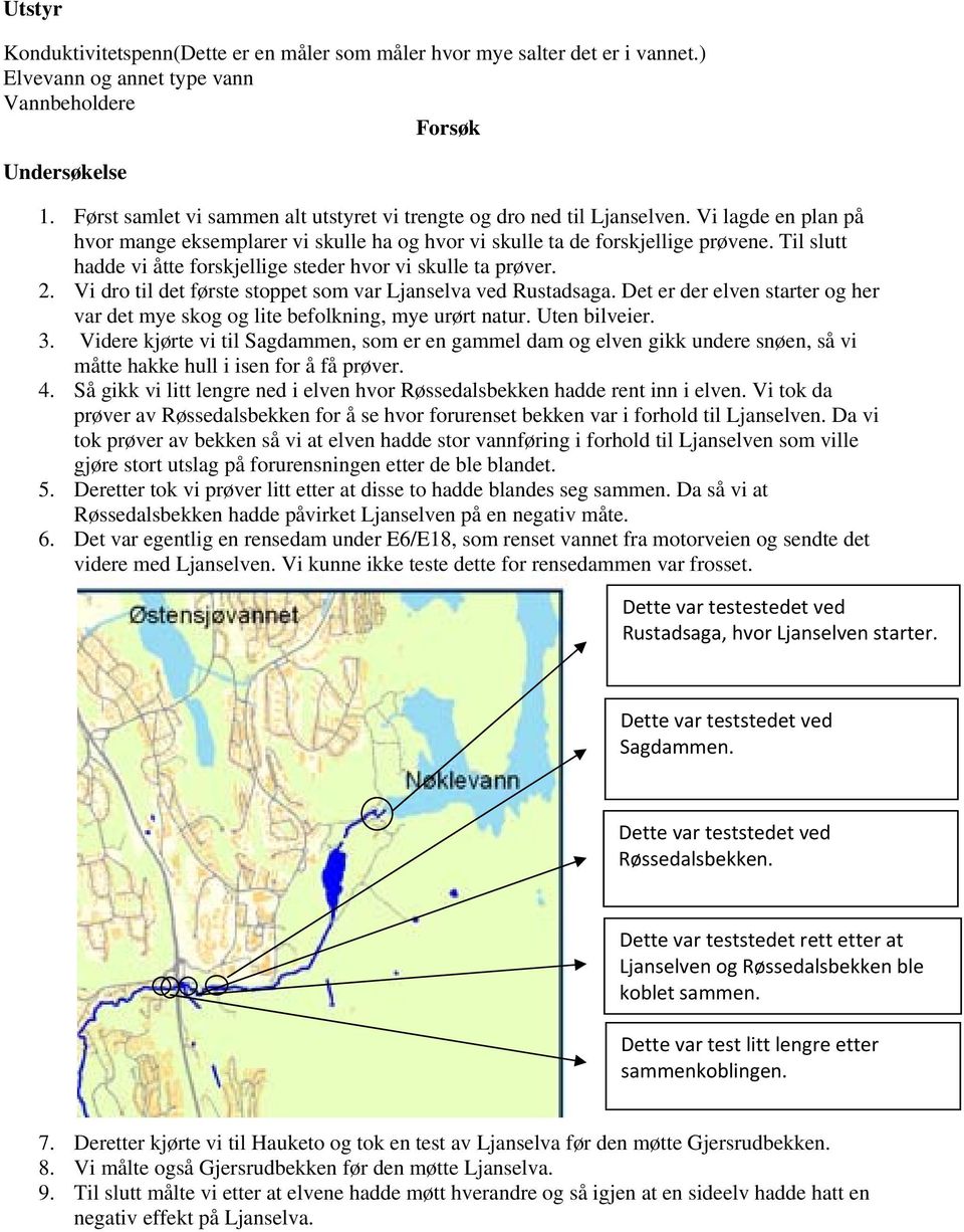 Til slutt hadde vi åtte forskjellige steder hvor vi skulle ta prøver. 2. Vi dro til det første stoppet som var Ljanselva ved Rustadsaga.