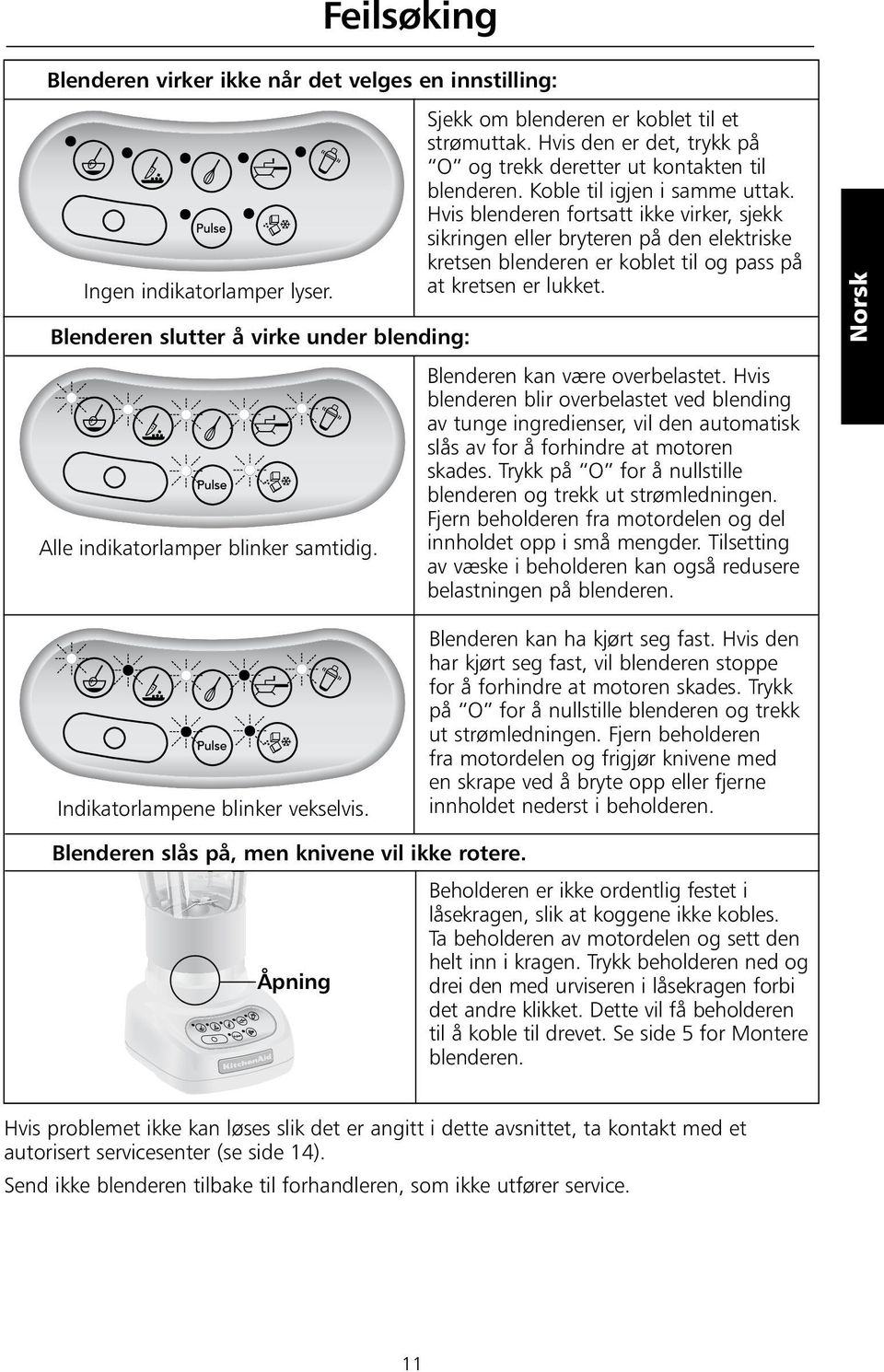 Hvis blenderen fortsatt ikke virker, sjekk sikringen eller bryteren på den elektriske kretsen blenderen er koblet til og pass på at kretsen er lukket. Blenderen kan være overbelastet.