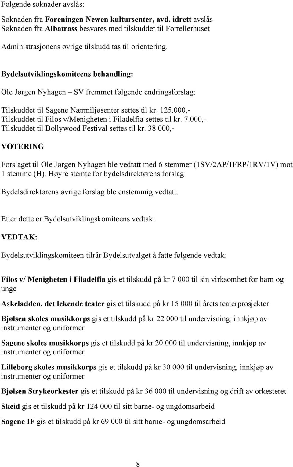 Bydelsutviklingskomiteens behandling: Ole Jørgen Nyhagen SV fremmet følgende endringsforslag: Tilskuddet til Sagene Nærmiljøsenter settes til kr. 125.