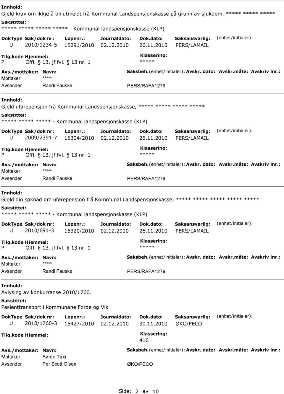 ERS/RAFA1279 Gjeld din søknad om uførepensjon frå Kommunal Landspensjonskasse, - Kommunal landspensjonskasse (KL) 2010/691-3 15320/2010 ERS/LAMAL Mottaker