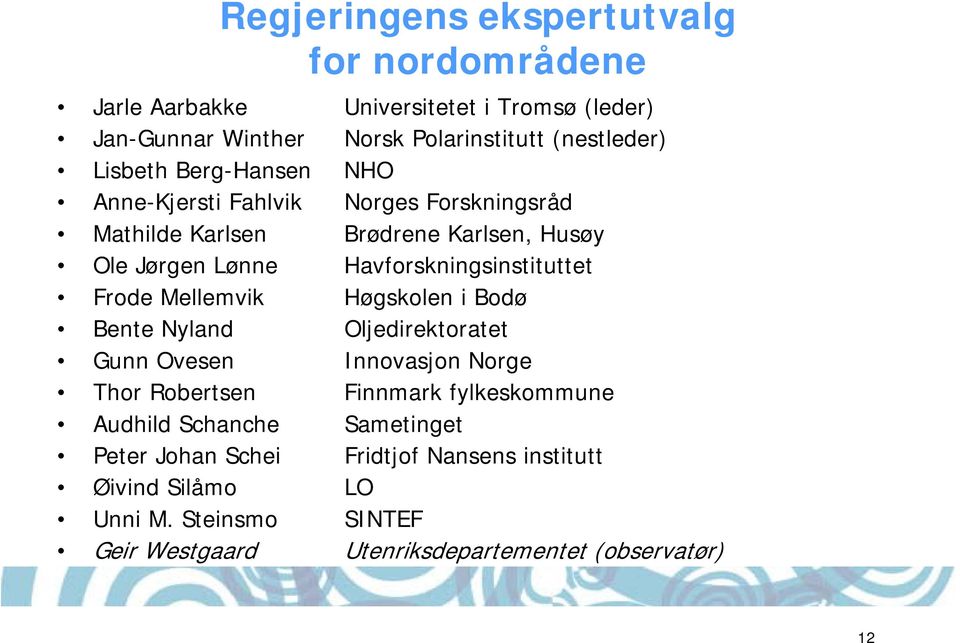 Havforskningsinstituttet Frode Mellemvik Høgskolen i Bodø Bente Nyland Oljedirektoratet Gunn Ovesen Innovasjon Norge Thor Robertsen Finnmark