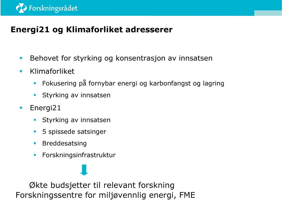 innsatsen Energi21 Styrking av innsatsen 5 spissede satsinger Breddesatsing