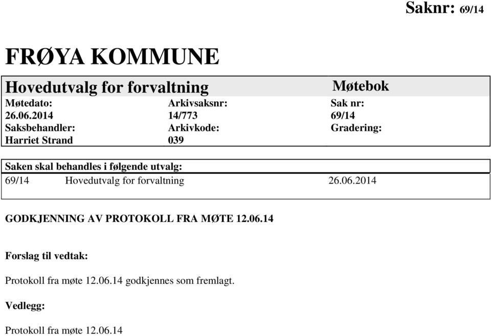 Saken skal behandles i følgende utvalg: 69/14 Hovedutvalg for forvaltning 26.06.