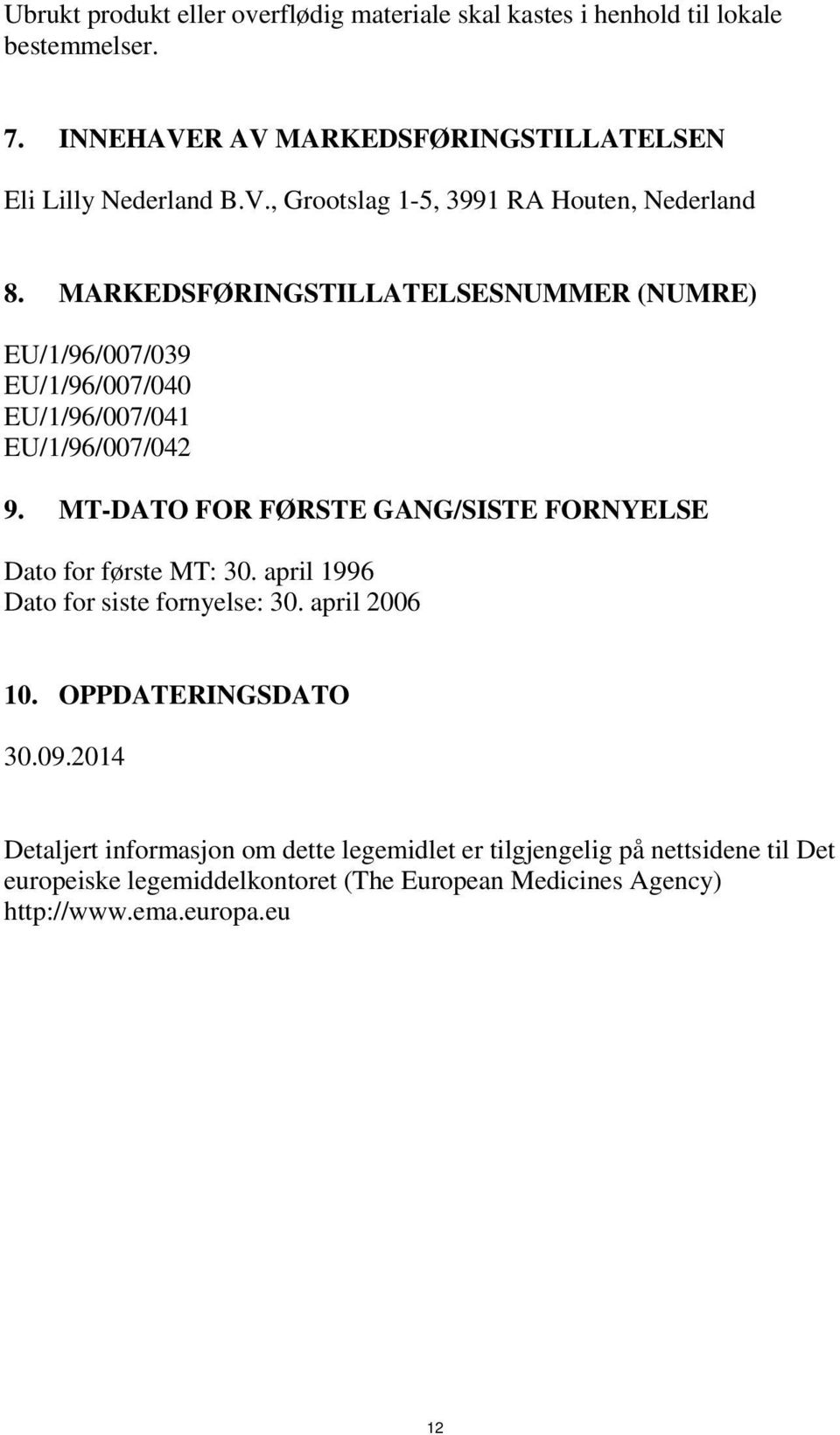 MT-DATO FOR FØRSTE GANG/SISTE FORNYELSE Dato for første MT: 30. april 1996 Dato for siste fornyelse: 30. april 2006 10. OPPDATERINGSDATO 30.09.