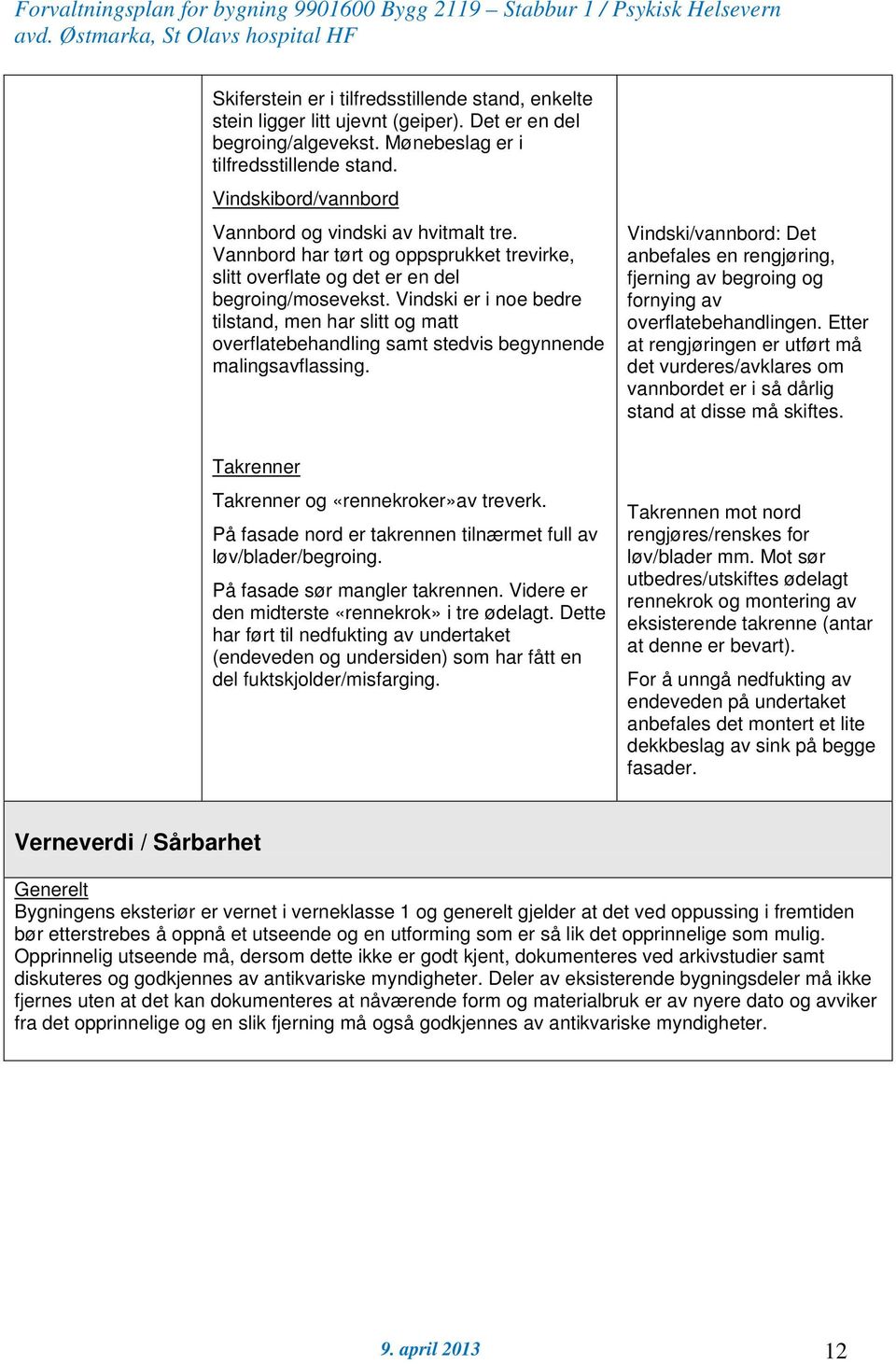 Vindski er i noe bedre tilstand, men har slitt og matt overflatebehandling samt stedvis begynnende malingsavflassing.