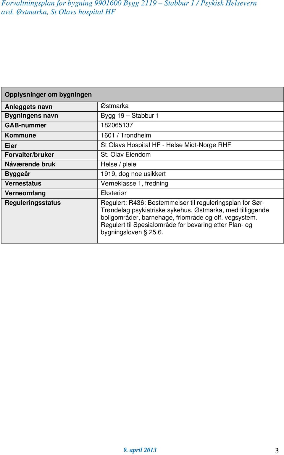 Olav Eiendom Nåværende bruk Helse / pleie Byggeår 1919, dog noe usikkert Vernestatus Verneklasse 1, fredning Verneomfang Eksteriør Reguleringsstatus