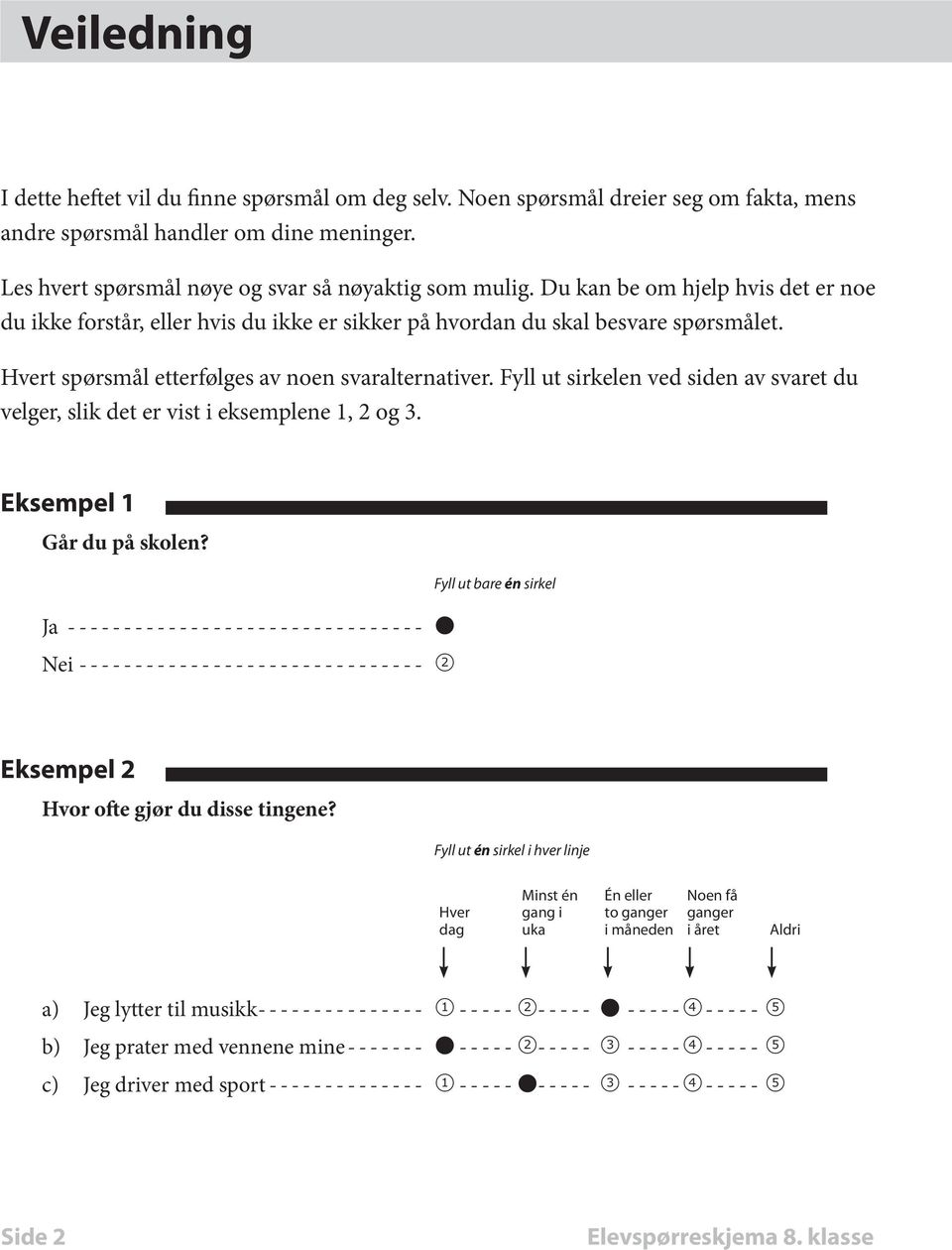 Fyll ut sirkelen ved siden av svaret du velger, slik det er vist i eksemplene 1, 2 og 3. Eksempel 1 Går du på skolen?