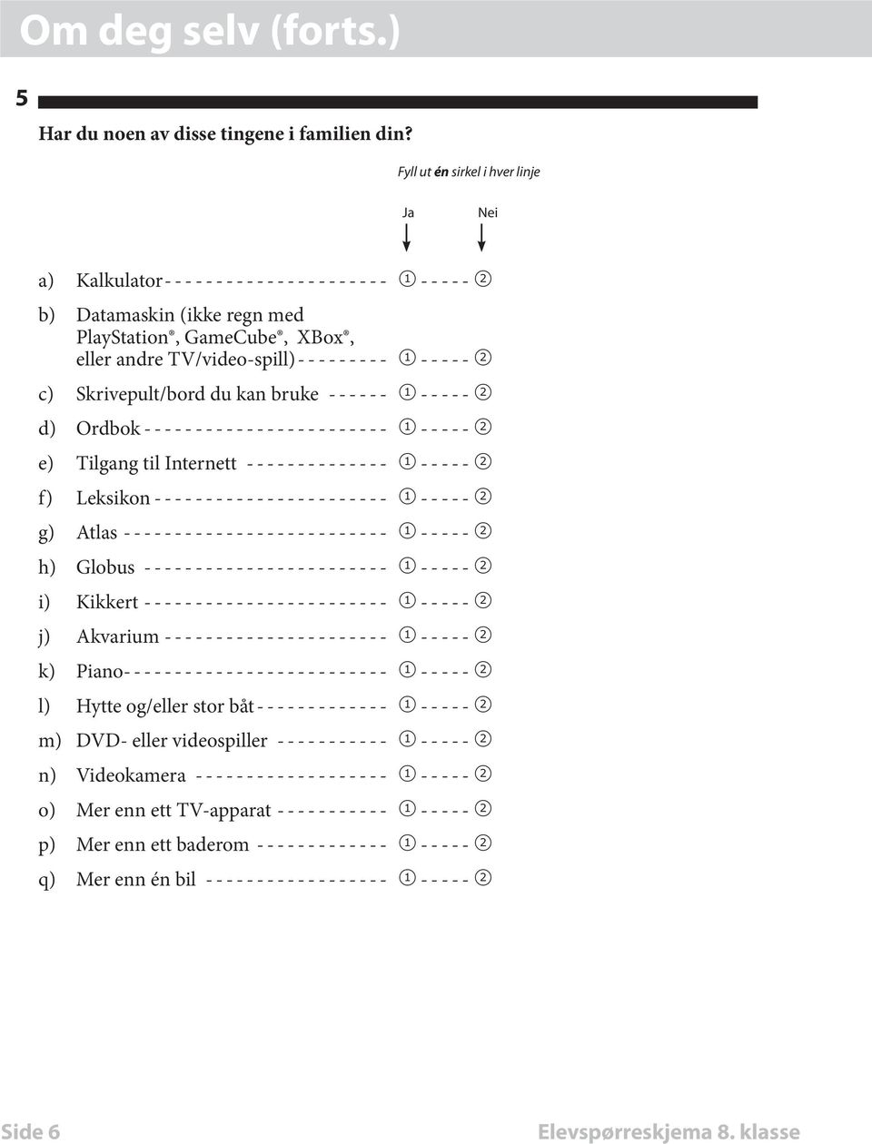 Skrivepult/bord du kan bruke------- 1 ----- 2 d) Ordbok ------------------------ 1 ----- 2 e) Tilgang til Internett--------------- 1 ----- 2 f) Leksikon ----------------------- 1 ----- 2 g)
