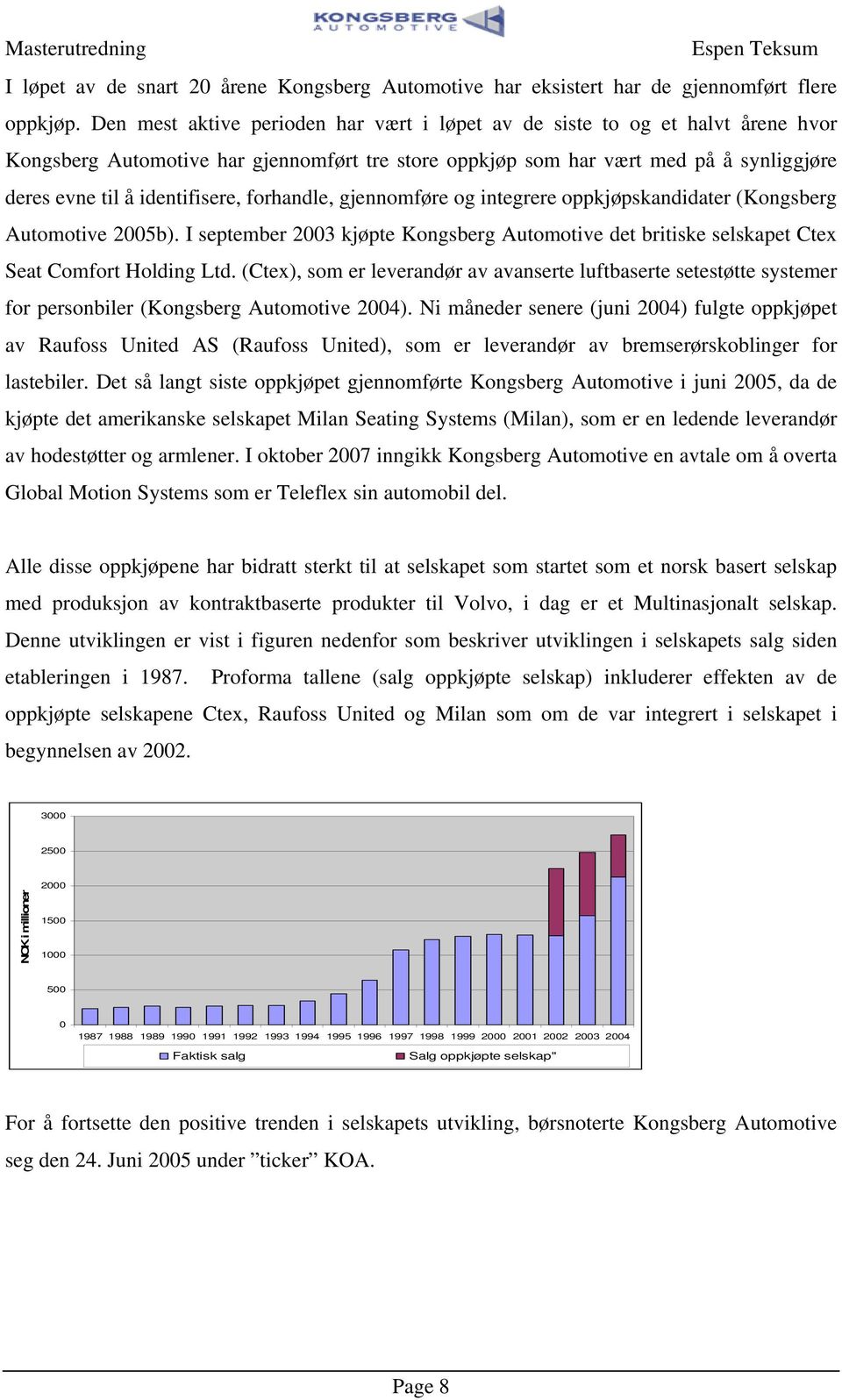 gjennomføre og inegrere oppkjøpskandidaer (Kongsberg Auomoive 2005b). I sepember 2003 kjøpe Kongsberg Auomoive de briiske selskape Cex Sea Comfor Holding Ld.