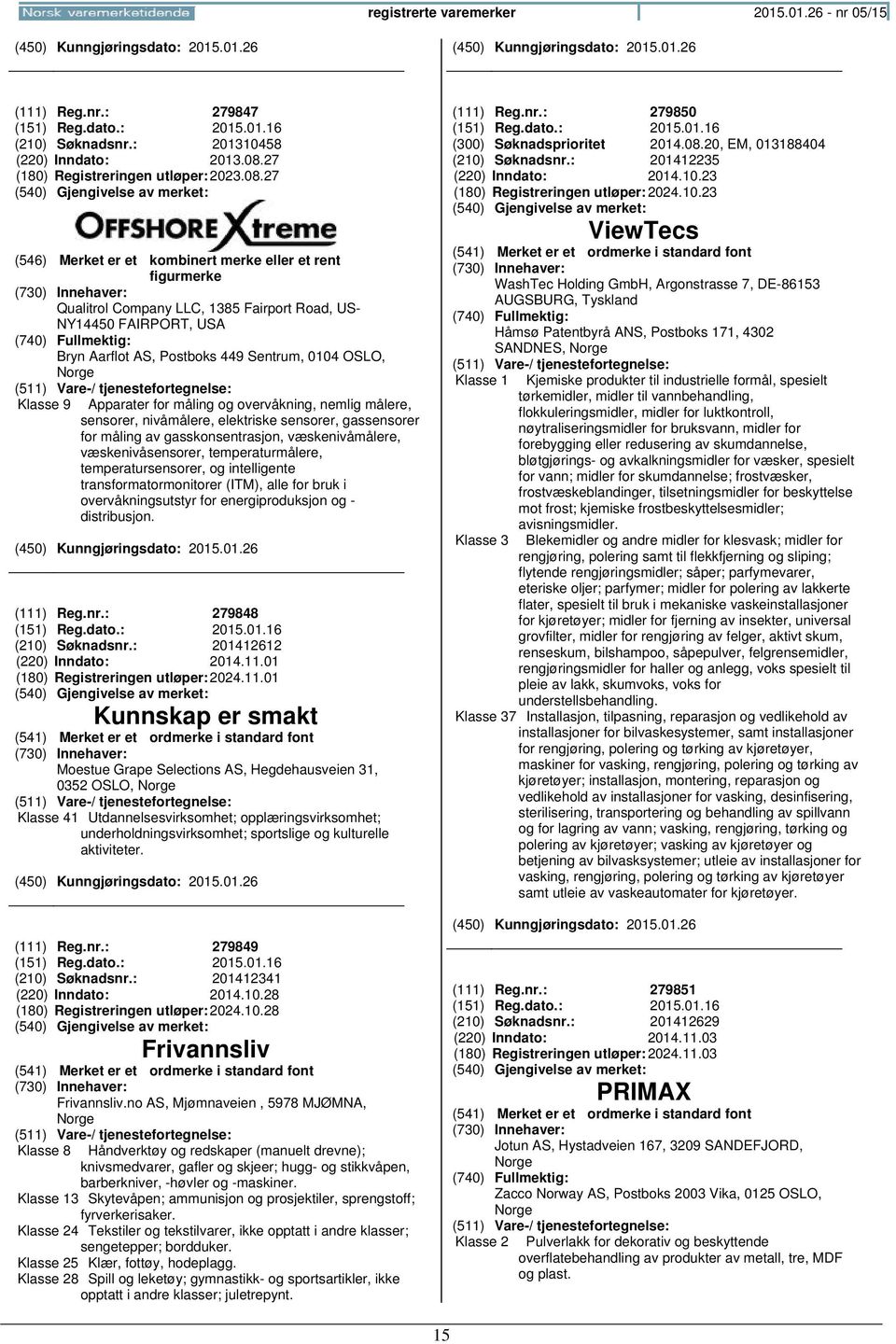 27 Qualitrol Company LLC, 1385 Fairport Road, US- NY14450 FAIRPORT, USA Bryn Aarflot AS, Postboks 449 Sentrum, 0104 OSLO, Klasse 9 Apparater for måling og overvåkning, nemlig målere, sensorer,