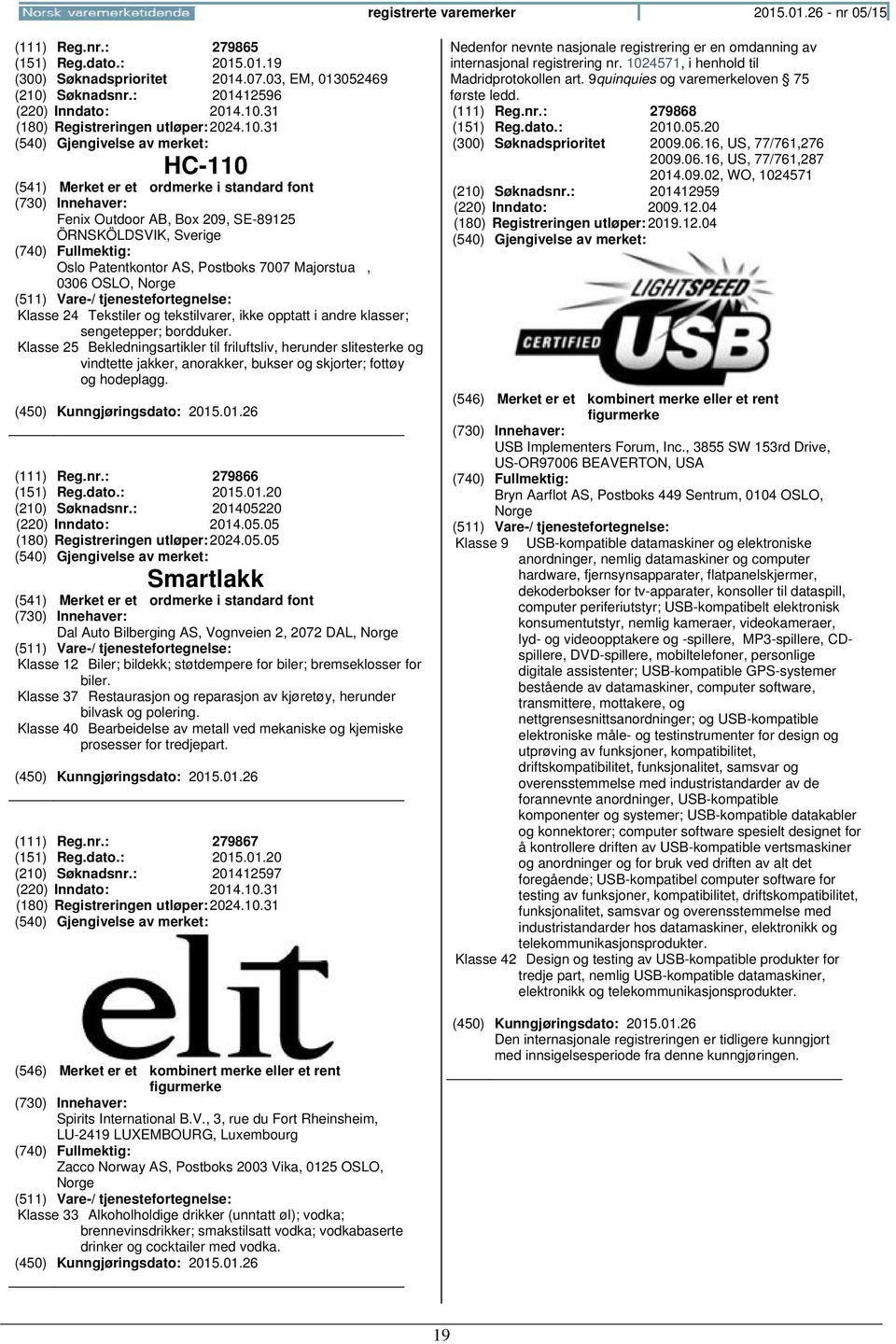 sengetepper; bordduker. Klasse 25 Bekledningsartikler til friluftsliv, herunder slitesterke og vindtette jakker, anorakker, bukser og skjorter; fottøy og hodeplagg. (111) Reg.nr.: 279866 (151) Reg.