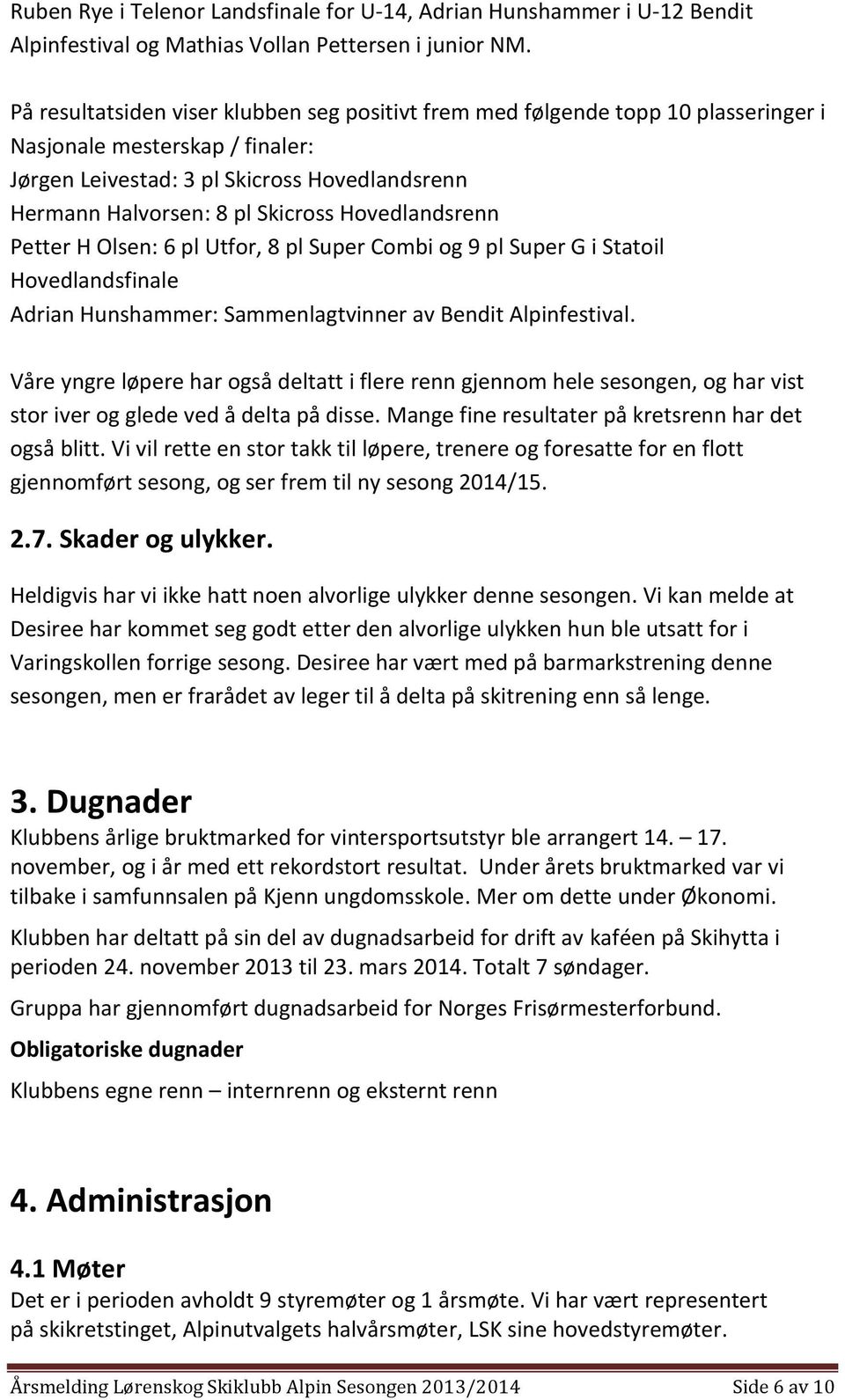 Hovedlandsrenn Petter H Olsen: 6 pl Utfor, 8 pl Super Combi og 9 pl Super G i Statoil Hovedlandsfinale Adrian Hunshammer: Sammenlagtvinner av Bendit Alpinfestival.