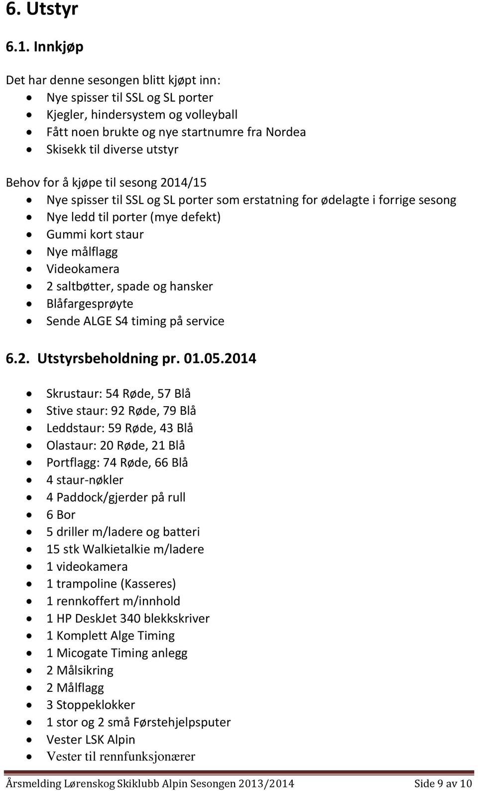 å kjøpe til sesong 2014/15 Nye spisser til SSL og SL porter som erstatning for ødelagte i forrige sesong Nye ledd til porter (mye defekt) Gummi kort staur Nye målflagg Videokamera 2 saltbøtter, spade