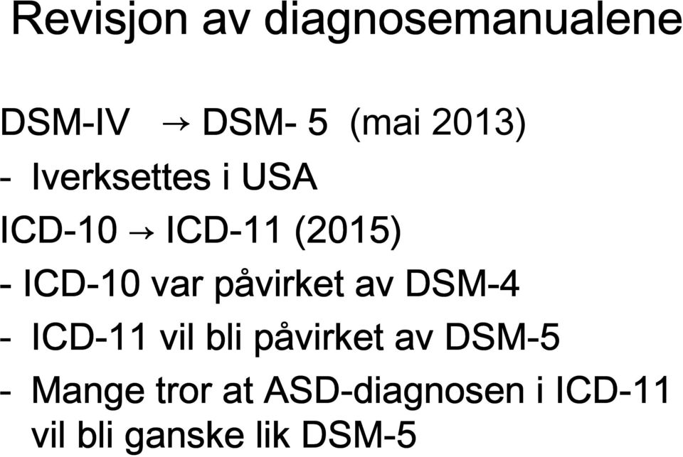 påvirket av DSM-4 - ICD-11 vil bli påvirket av DSM-5 -