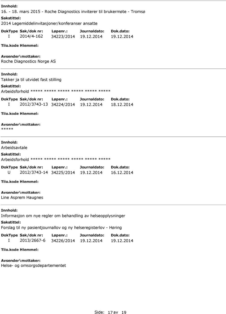 2014/4-162 34223/2014 Roche Diagnostics Norge AS Takker ja til utvidet fast stilling 2012/3743-13 34224/2014 *****