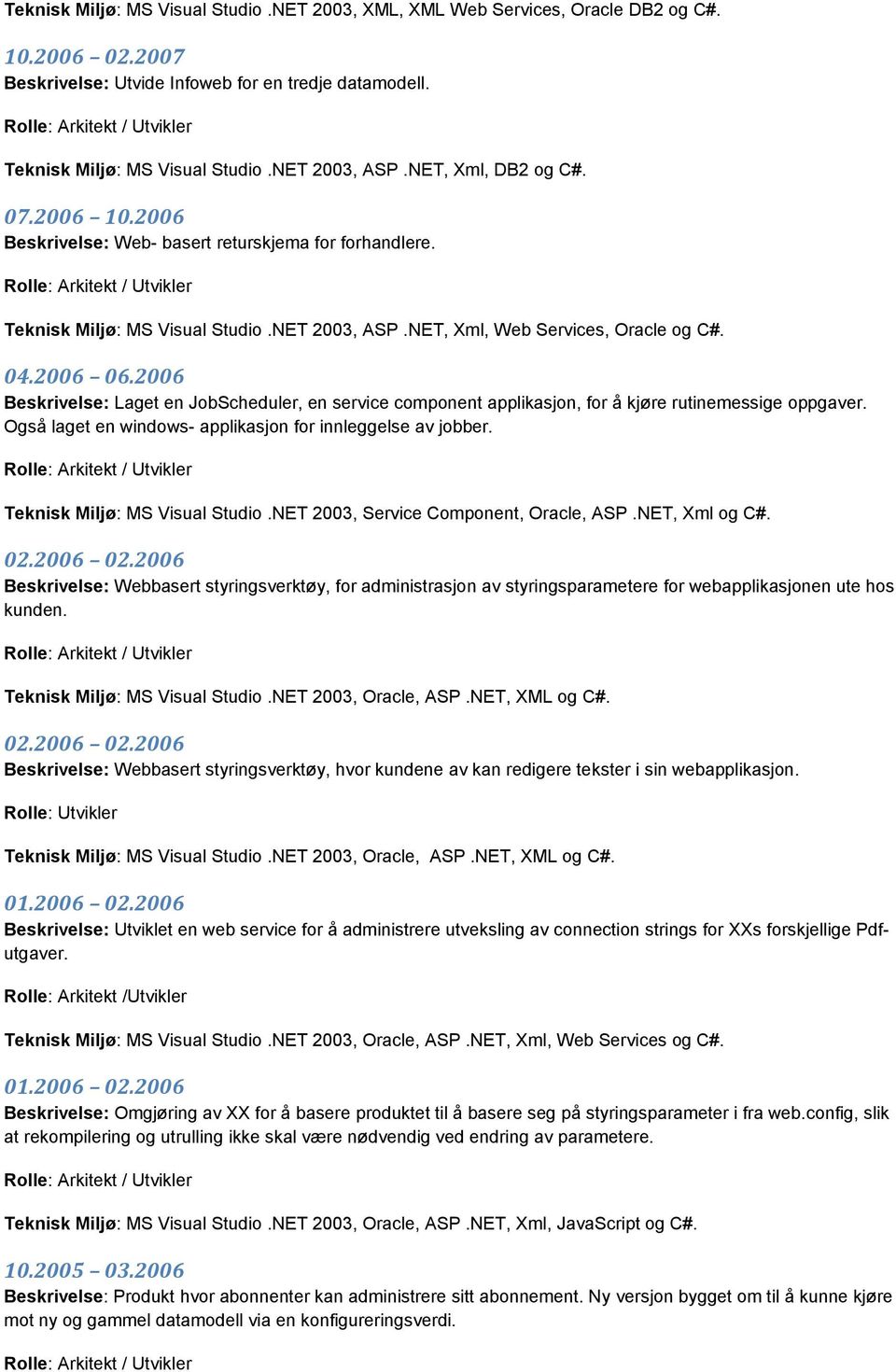 2006 Beskrivelse: Laget en JobScheduler, en service component applikasjon, for å kjøre rutinemessige oppgaver. Også laget en windows- applikasjon for innleggelse av jobber.