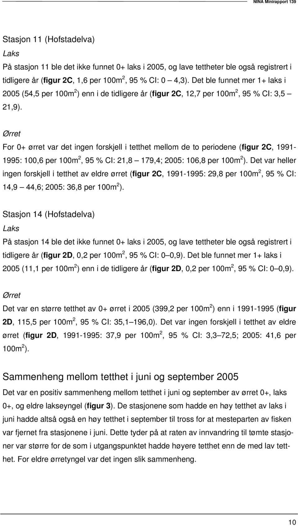 Ørret For 0+ ørret var det ingen forskjell i tetthet mellom de to periodene (figur 2C, 1991-1995: 100,6 per 100m 2, 95 % CI: 21,8 179,4; 2005: 106,8 per 100m 2 ).