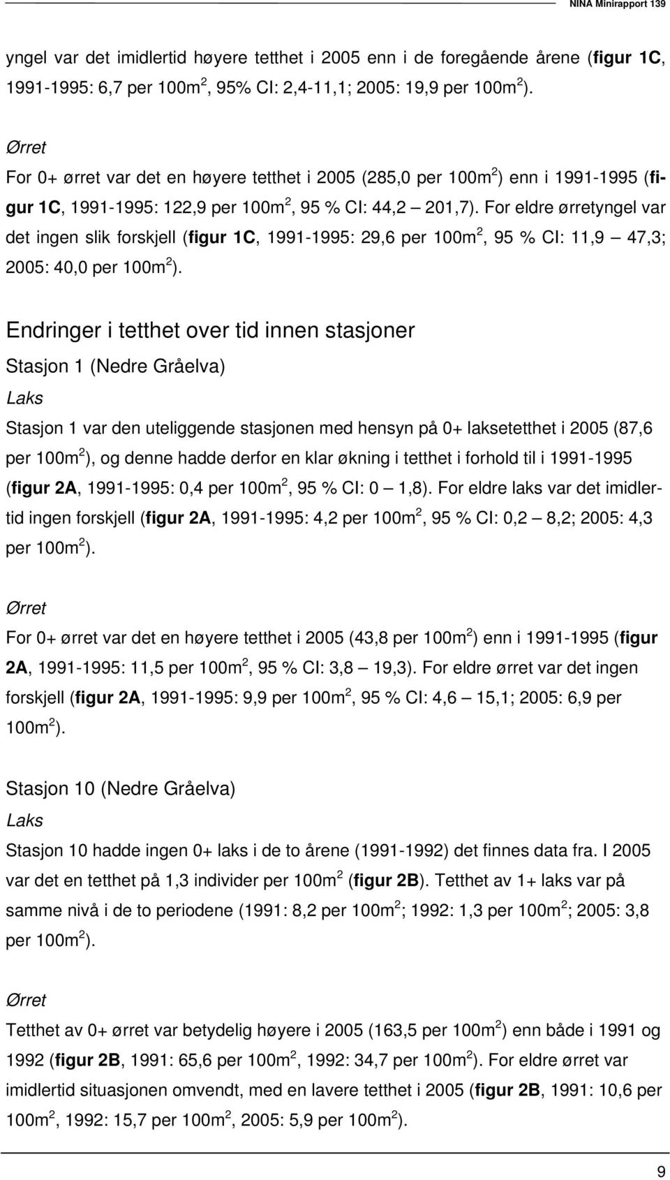 For eldre ørretyngel var det ingen slik forskjell (figur 1C, 1991-1995: 29,6 per 100m 2, 95 % CI: 11,9 47,3; 2005: 40,0 per 100m 2 ).