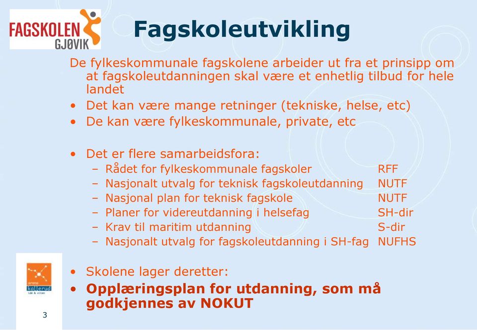 fagskoler RFF Nasjonalt utvalg for teknisk fagskoleutdanning NUTF Nasjonal plan for teknisk fagskole NUTF Planer for videreutdanning i helsefag SH-dir