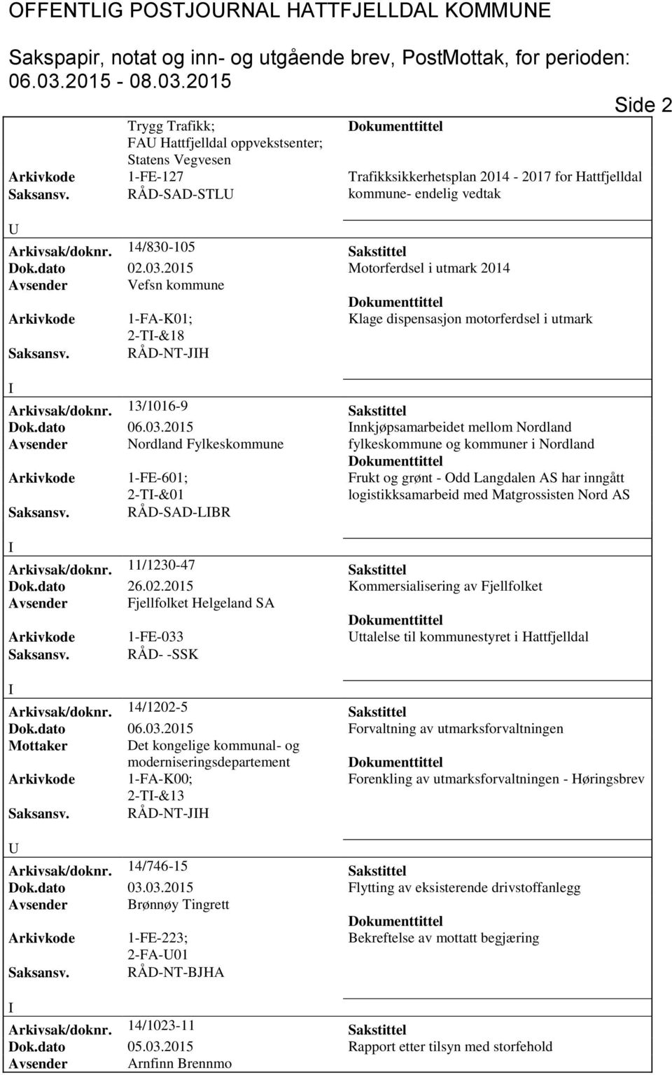 2015 Motorferdsel i utmark 2014 Avsender Vefsn kommune Arkivkode 1-FA-K01; Klage dispensasjon motorferdsel i utmark 2-T-&18 Saksansv. RÅD-NT-JH Arkivsak/doknr. 13/1016-9 Sakstittel Dok.dato 06.03.