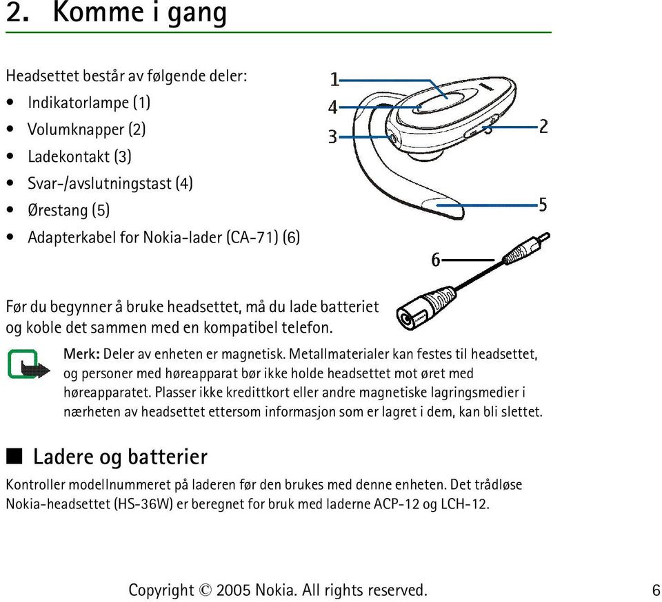 Metallmaterialer kan festes til headsettet, og personer med høreapparat bør ikke holde headsettet mot øret med høreapparatet.