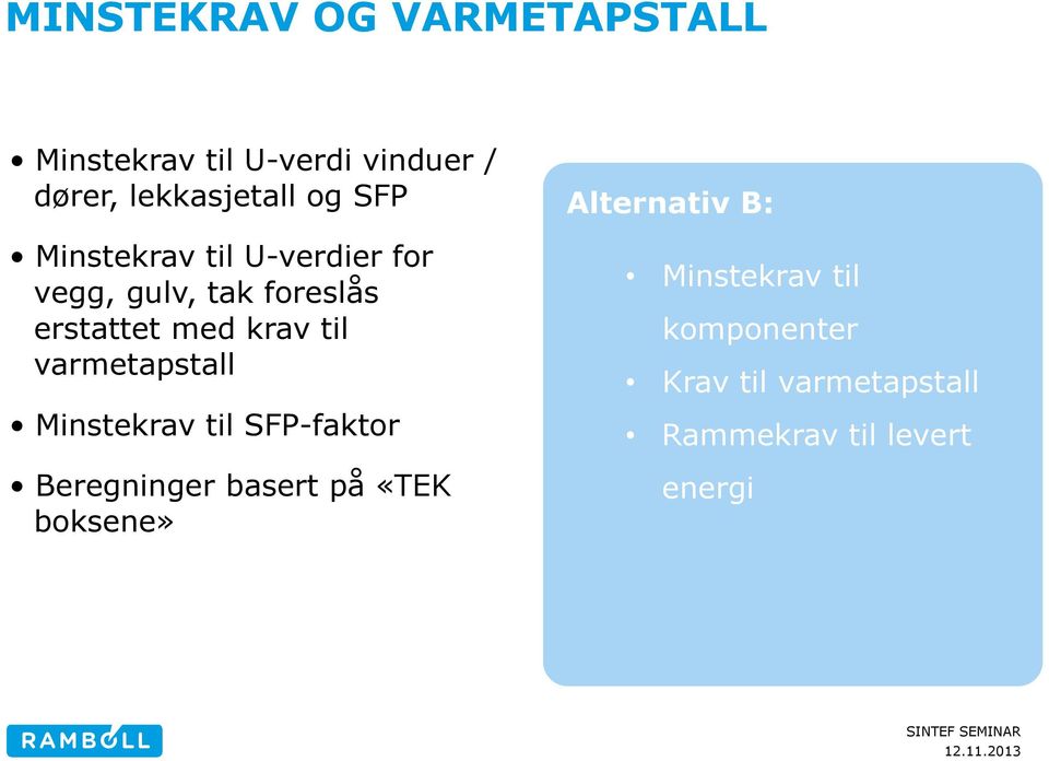 til varmetapstall Minstekrav til SFP-faktor Beregninger basert på «TEK boksene»