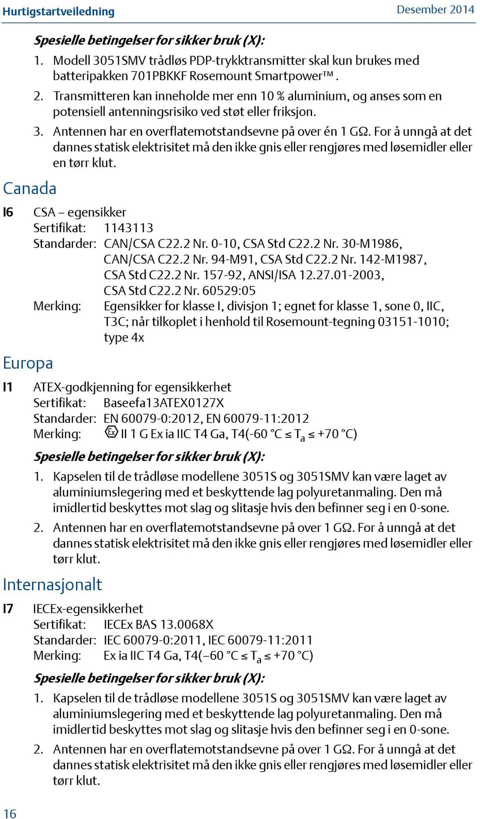 For å unngå at det dannes statisk elektrisitet må den ikke gnis eller rengjøres med løsemidler eller en tørr klut. CSA egensikker Sertifikat: 1143113 Standarder: CAN/CSA C22.2 Nr. 0-10, CSA Std C22.