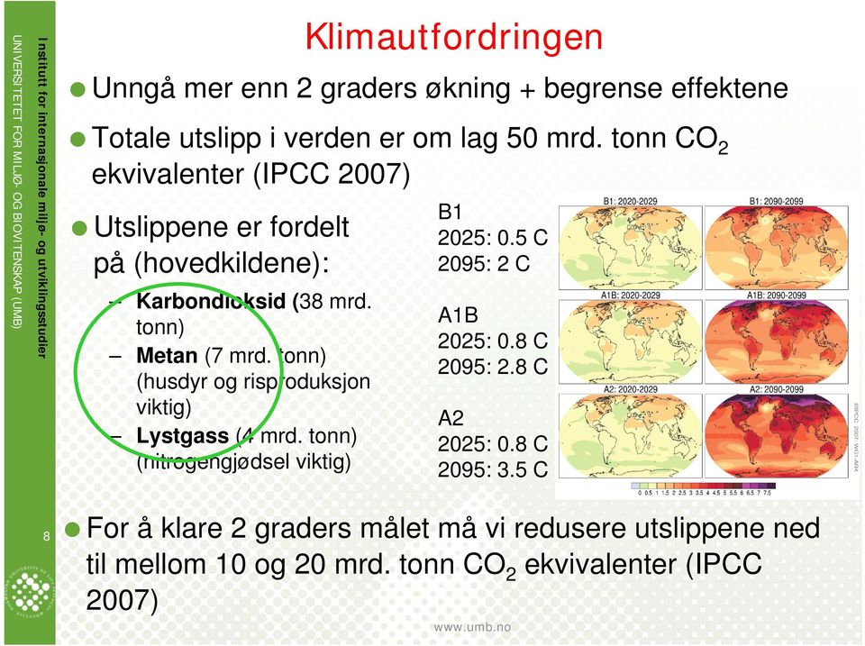 tonn) (husdyr og risproduksjon viktig) Lystgass (4 mrd. tonn) (nitrogengjødsel viktig) B1 2025: 0.5 C 2095: 2 C A1B 2025: 0.