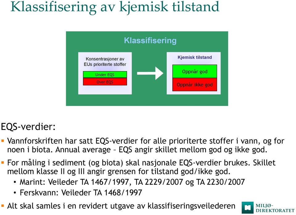 Annual average EQS angir skillet mellom god og ikke god. For måling i sediment (og biota) skal nasjonale EQS-verdier brukes.