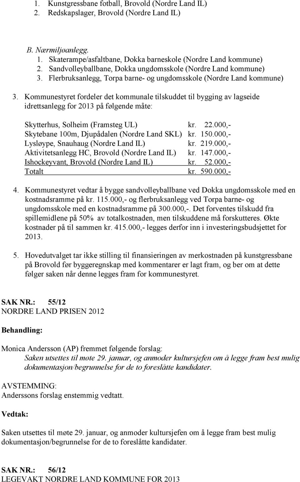 Kommunestyret fordeler det kommunale tilskuddet til bygging av lagseide idrettsanlegg for 2013 på følgende måte: Skytterhus, Solheim (Framsteg UL) kr. 22.