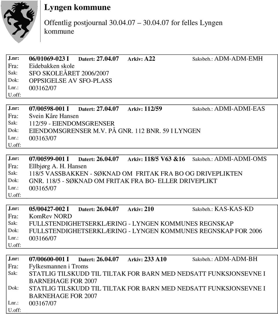 04.07 Arkiv: 118/5 V63 &16 Saksbeh.: ADMI-ADMI-OMS Fra: Ellbjørg A. H. Hansen Sak: 118/5 VASSBAKKEN - SØKNAD OM FRITAK FRA BO OG DRIVEPLIKTEN Dok: GNR.