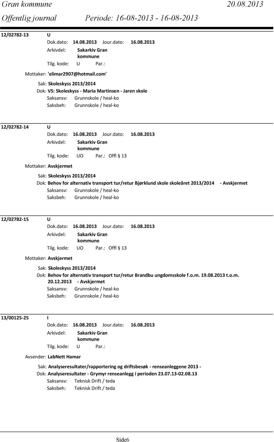 2013/2014 Dok: Behov for alternativ transport tur/retur Bjørklund skole skoleåret 2013/2014 Saksansv: Grunnskole / heal-ko Saksbeh: Grunnskole / heal-ko - Avskjermet 12/02782-15 U Mottaker: