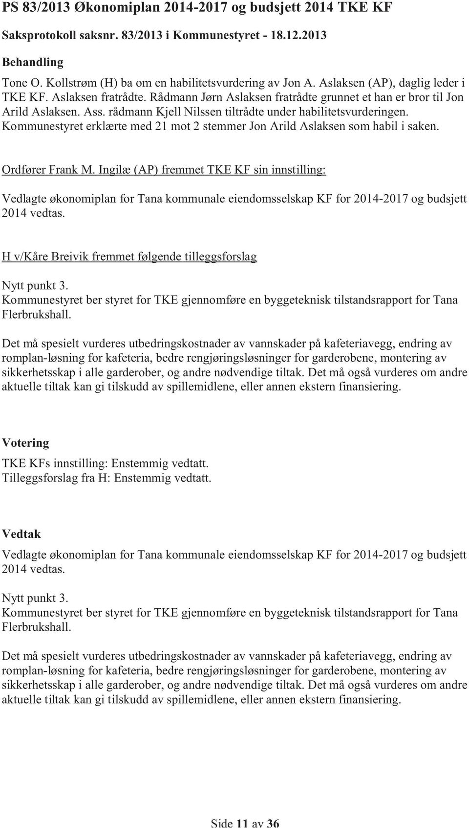 rådmann Kjell Nilssen tiltrådte under habilitetsvurderingen. Kommunestyret erklærte med 21 mot 2 stemmer Jon Arild Aslaksen som habil i saken. Ordfører Frank M.